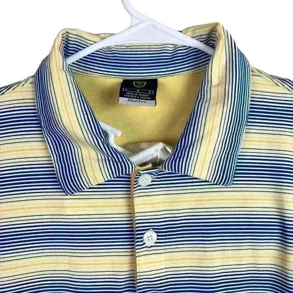Nike‎ Golf Dri-Fit UV Striped Polo Shirt Mens Large Yellow Blue Striped Stretch - Picture 2 of 11